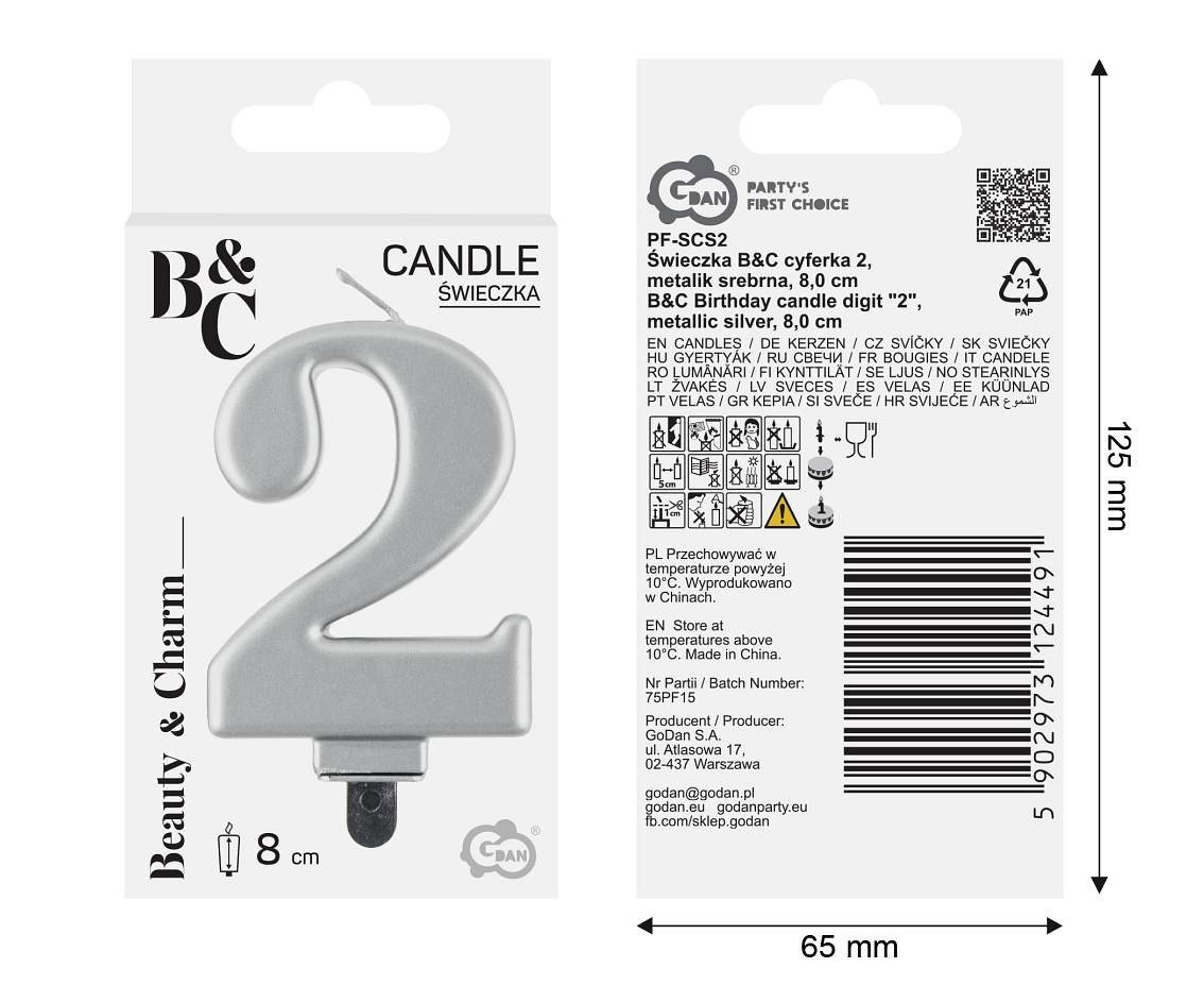 Birthday candle digit 2, metallic silver,  8 cm